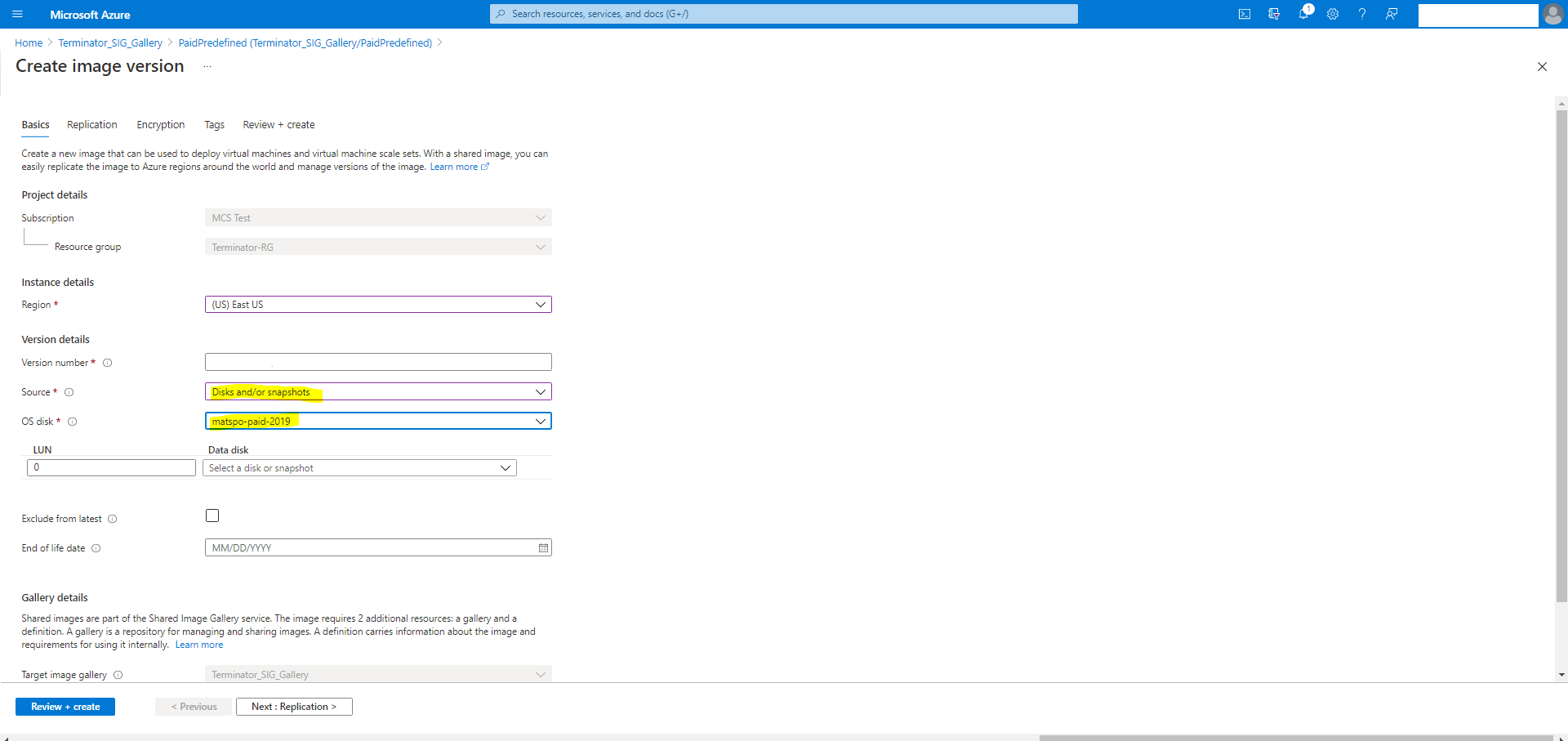 Opções de VDA selecionadas do Azure Marketplace