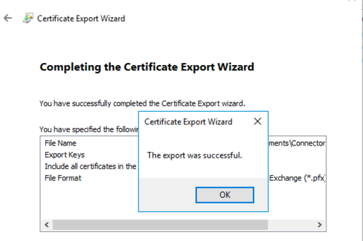 Screenshot di Certificate Export Wizard, esportazione riuscita
