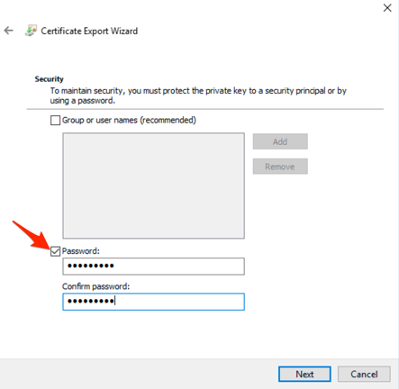 Screenshot della procedura guidata di esportazione dei certificati, passaggio di sicurezza