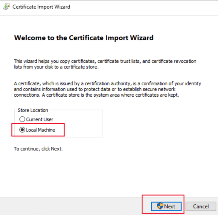 Certificate import wizard