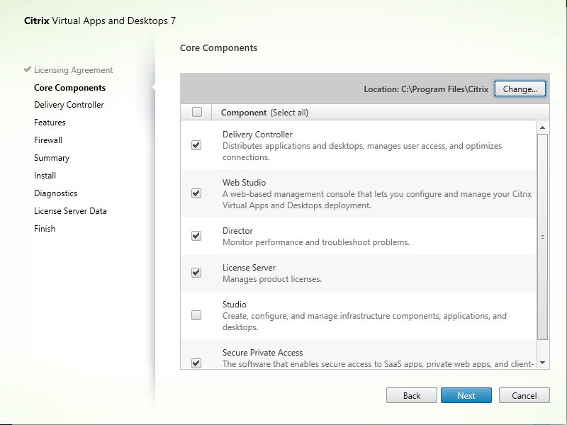 Page des composants principaux dans l'installateur de composant