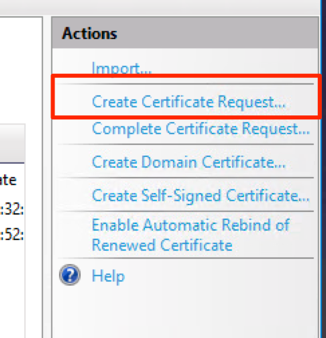 Screenshot del menu azioni con "crea richiesta certificato" evidenziato