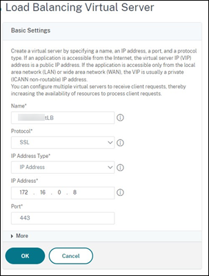 “NetScaler 负载平衡虚拟服务器”屏幕的屏幕截图