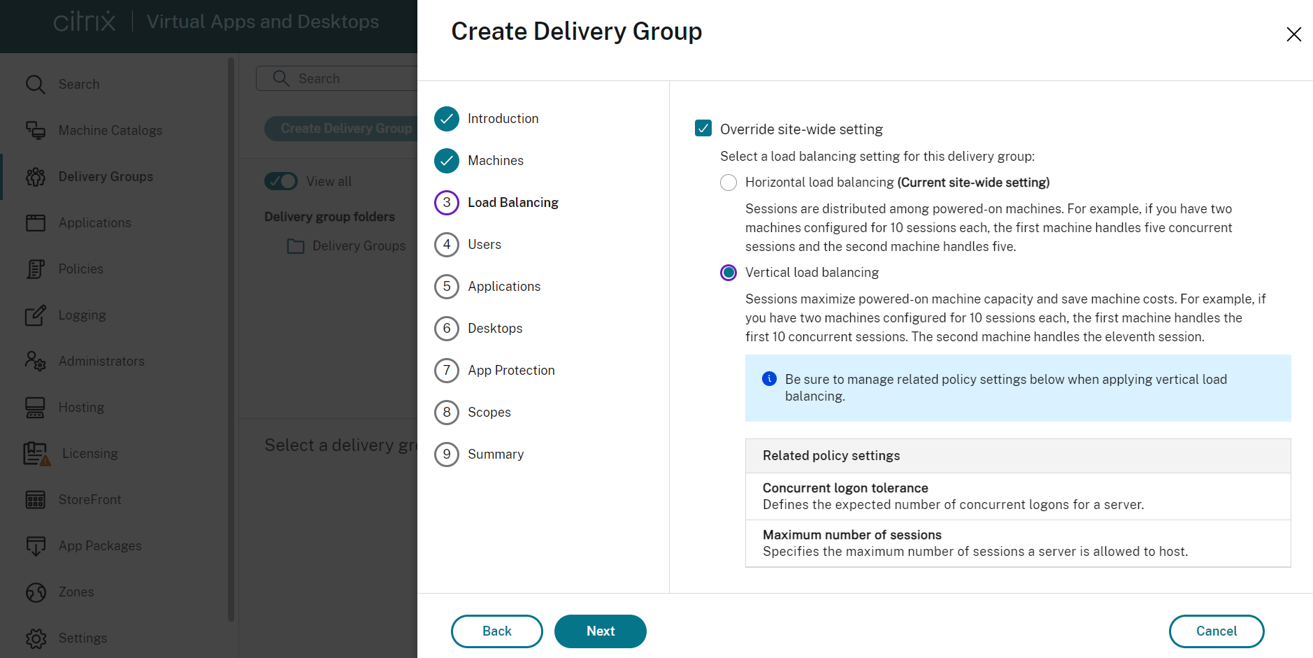 Configuraciones de directiva para Equilibrio de carga vertical al crear o modificar un grupo de entrega