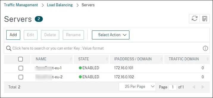 Capture d'écran de l'écran Servers avec deux serveurs