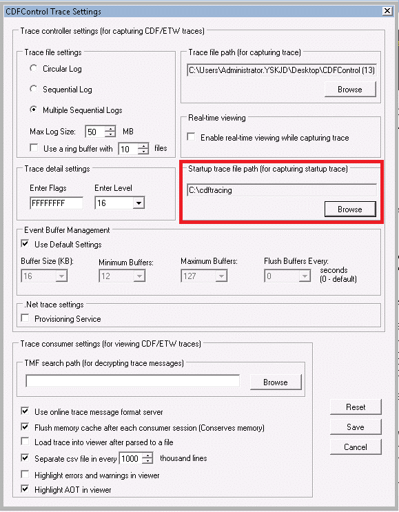 Spécification du chemin du fichier de trace