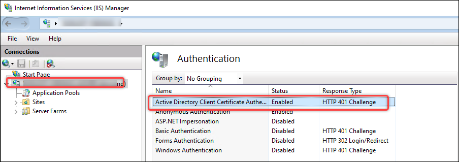 IIS > enable AC Client Certificate Authen