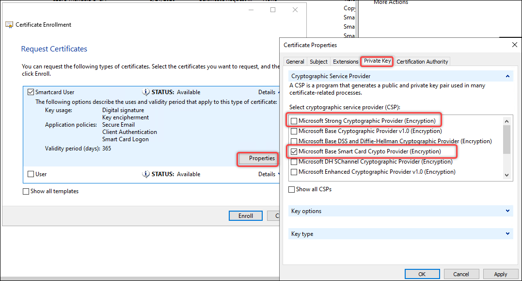 request new certificate > properties