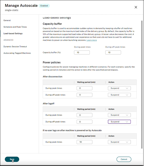 Single session OS static DG power policies settings