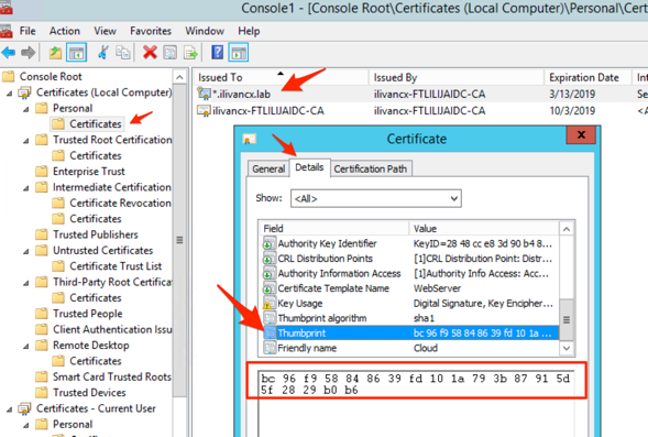 Screenshot of certificate properties showing thumbprint