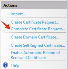 Screenshot of actions menu with "Complete Certificate Request" highlighted