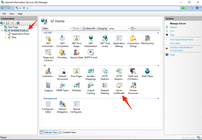 Screenshot indicating where to find "Server Certificates"