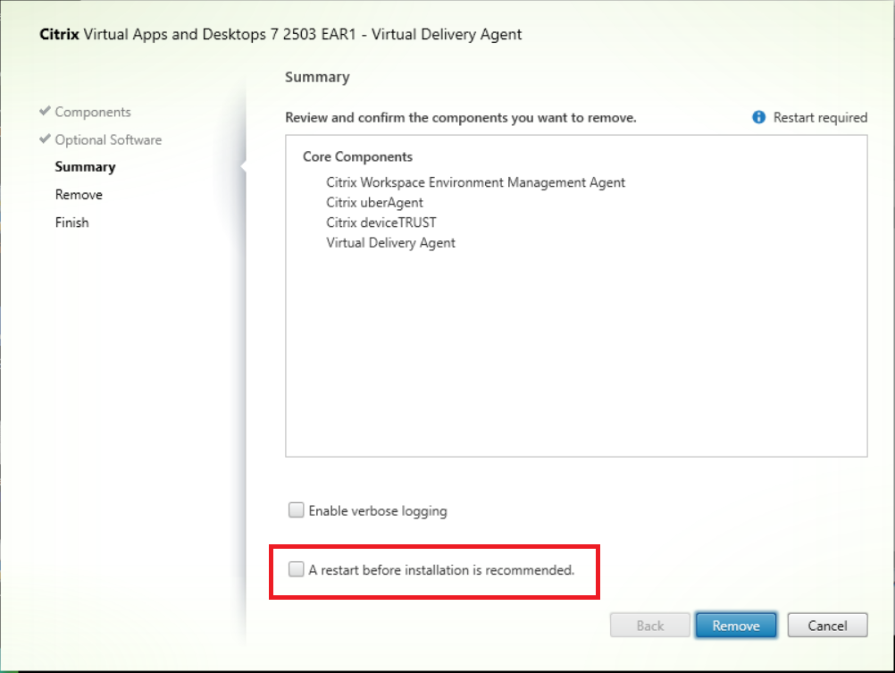 A restart before installation is recommended new option