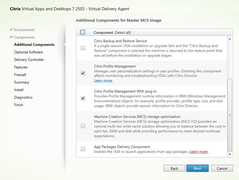 Additional Components page in VDA installer