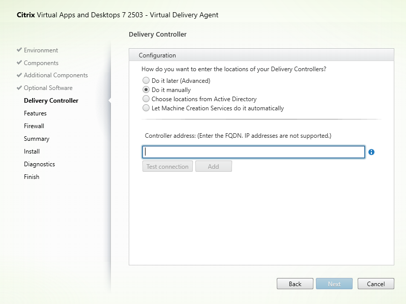 Delivery Controller page in VDA installer