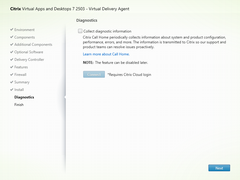 Diagnostics page in VDA installer
