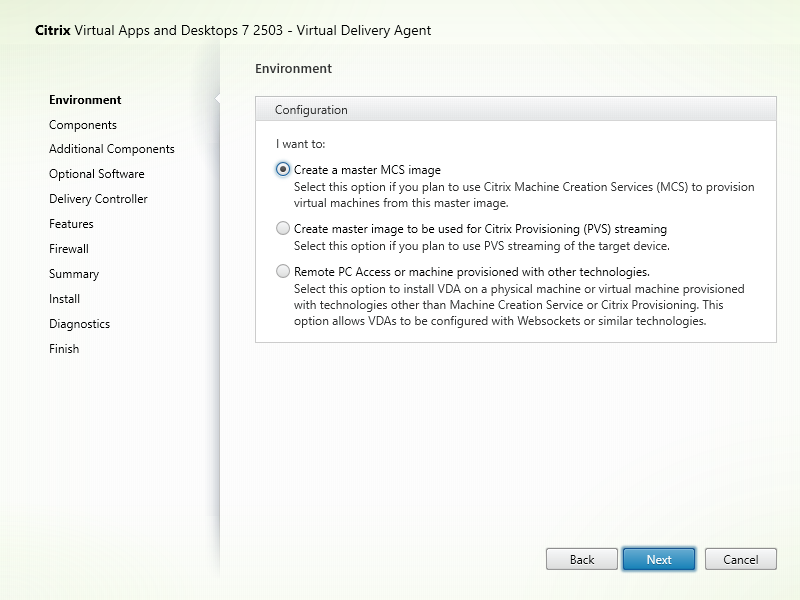 Environment page in VDA installer