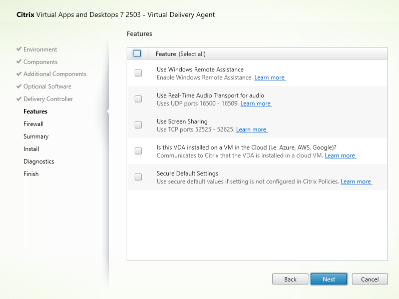 Features page in VDA installer