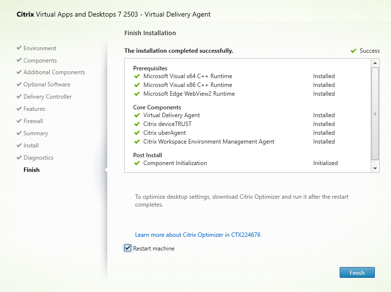 Finish Installation page in VDA installer