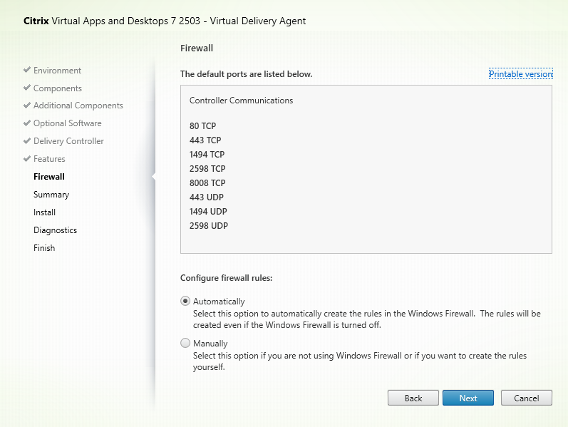 Firewall page in VDA installer