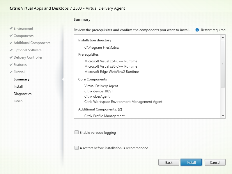 Summary page in VDA installer