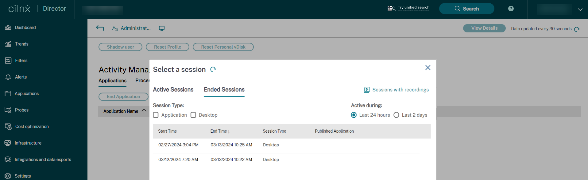 Historical user sessions Activity Manager