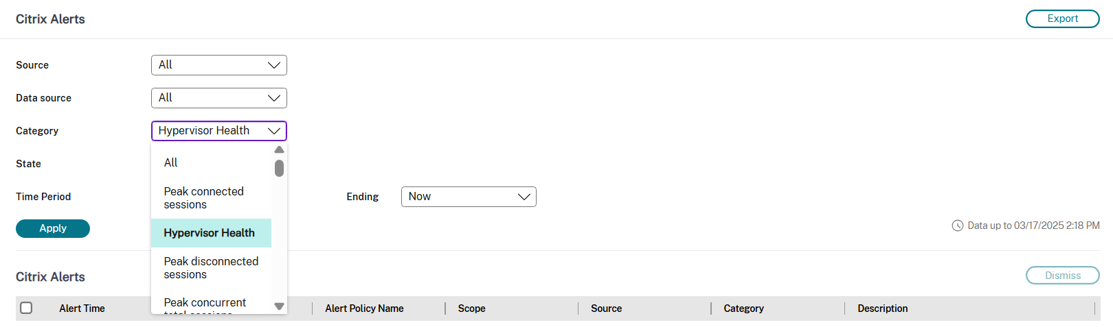Hypervisor Alerts filter