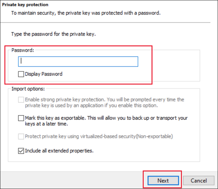 Screenshot of Certificate import wizard, private key protection step