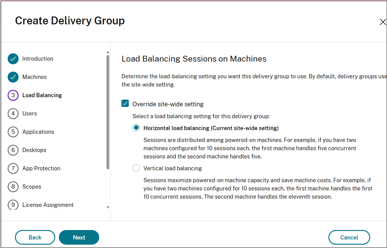 load balancing settings while creating a delivery group