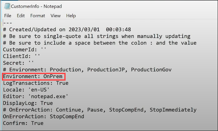 CustomerInfo file with set environment