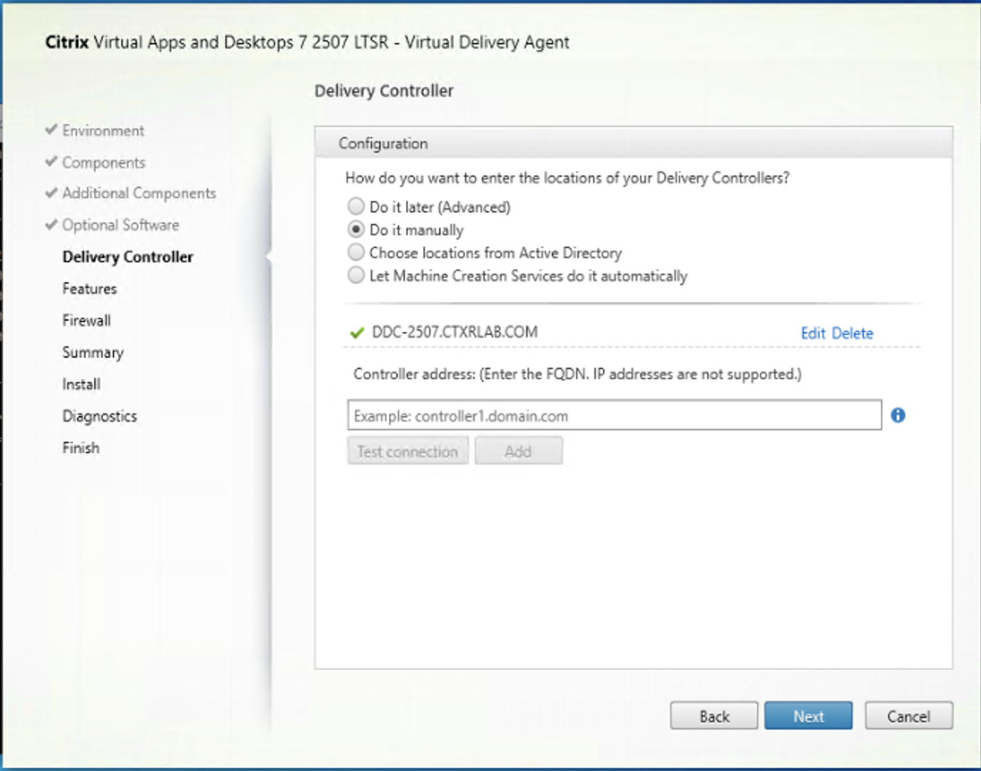 Delivery Controller page in VDA installer