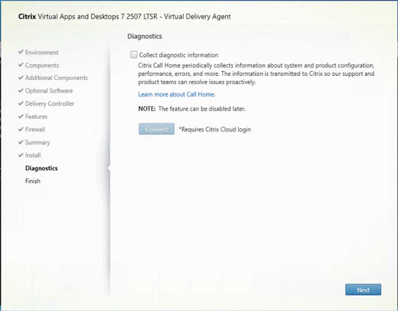 Diagnostics page in VDA installer