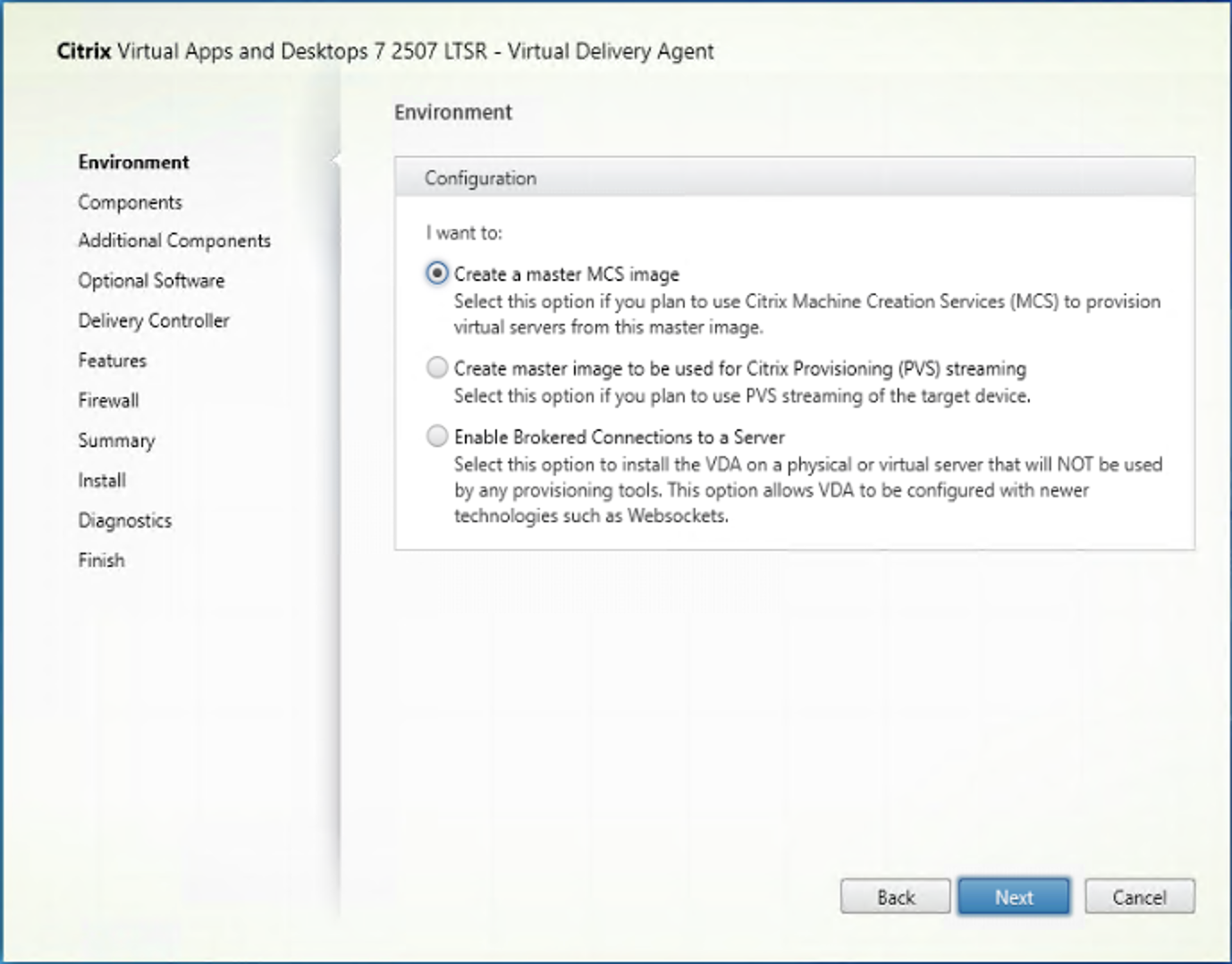 Environment page in VDA installer