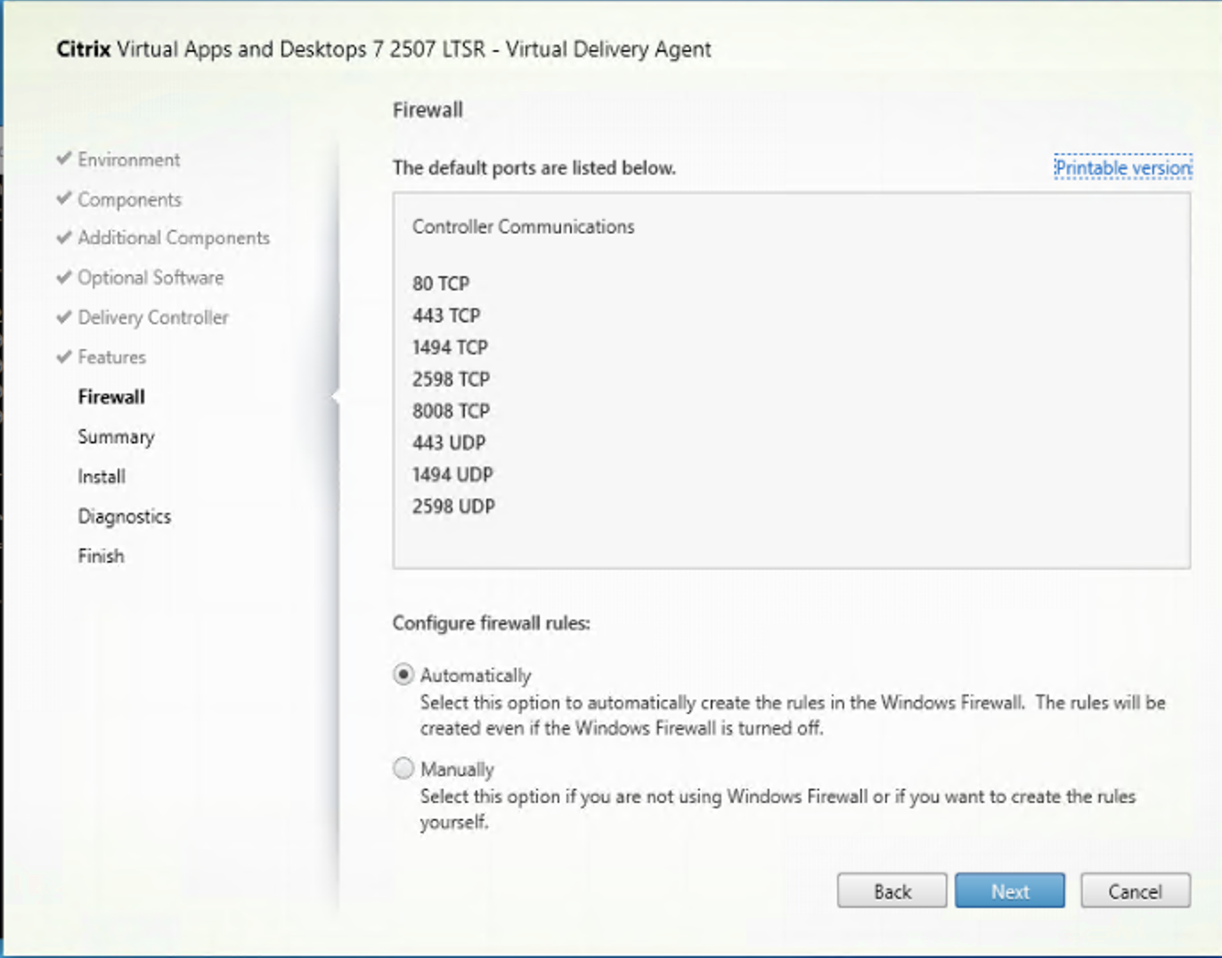 Firewall page in VDA installer