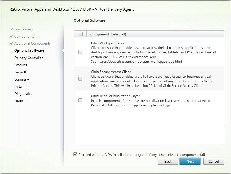 Optional Software page in VDA installer 1