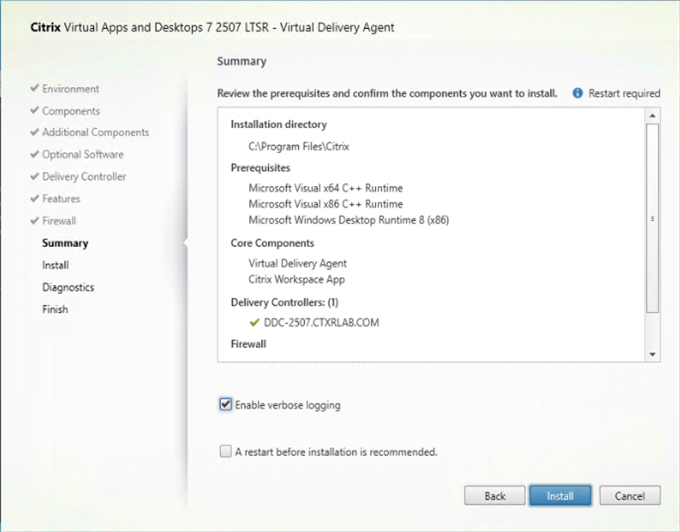 Summary page in VDA installer