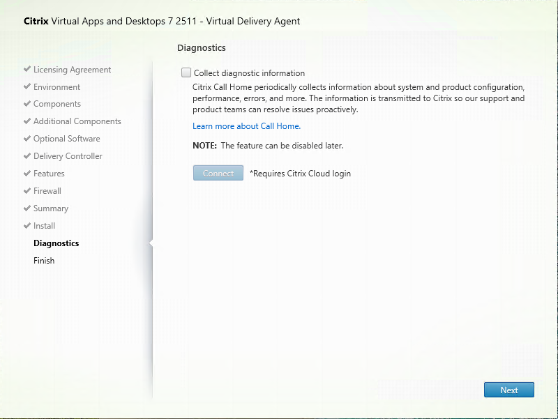 Diagnostics page in VDA installer