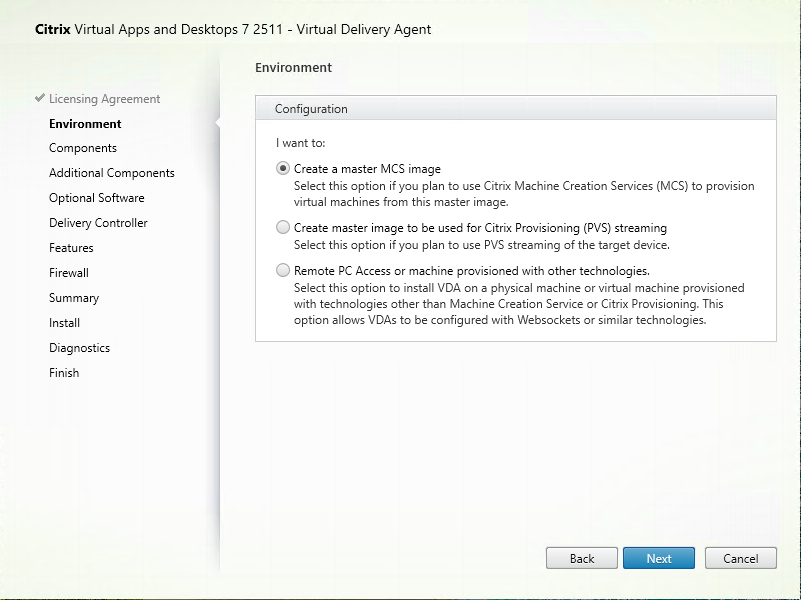 Environment page in VDA installer