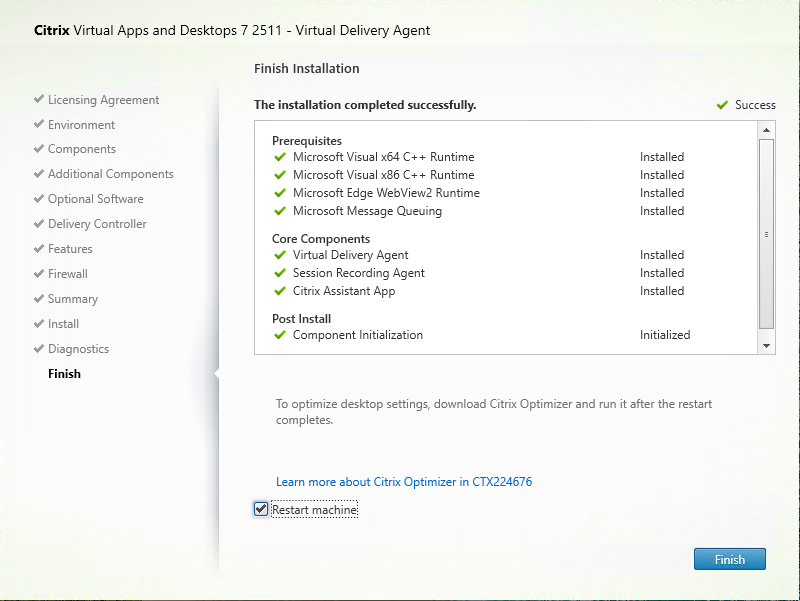 Finish Installation page in VDA installer
