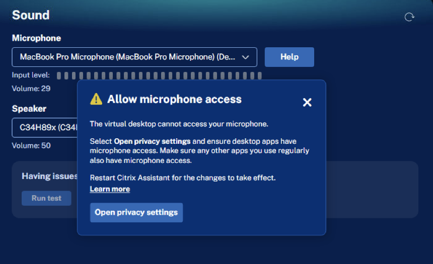 Citrix Assistant app Sound page-no microphone-troubleshooting