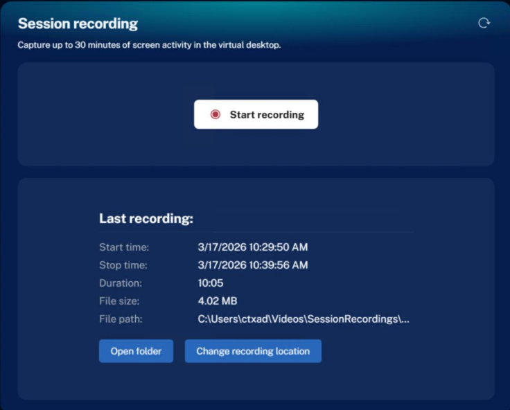Citrix Assistant app start recording page