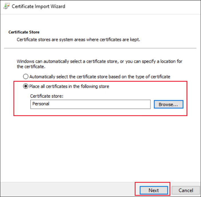 Screenshot of Certificate import wizard, certificate store step