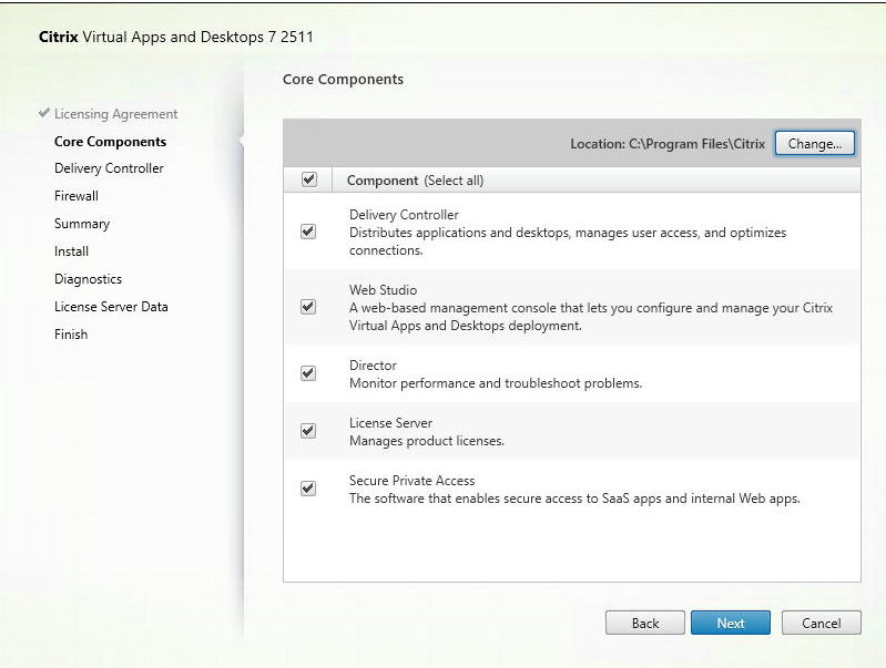 Core components page in component installer