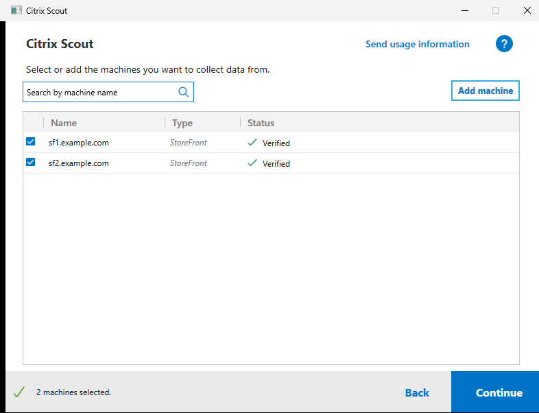 Scout Select machines page showing auto-discovered StoreFront server group members