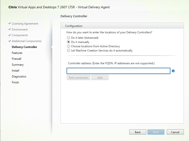 Delivery Controller page in VDA installer