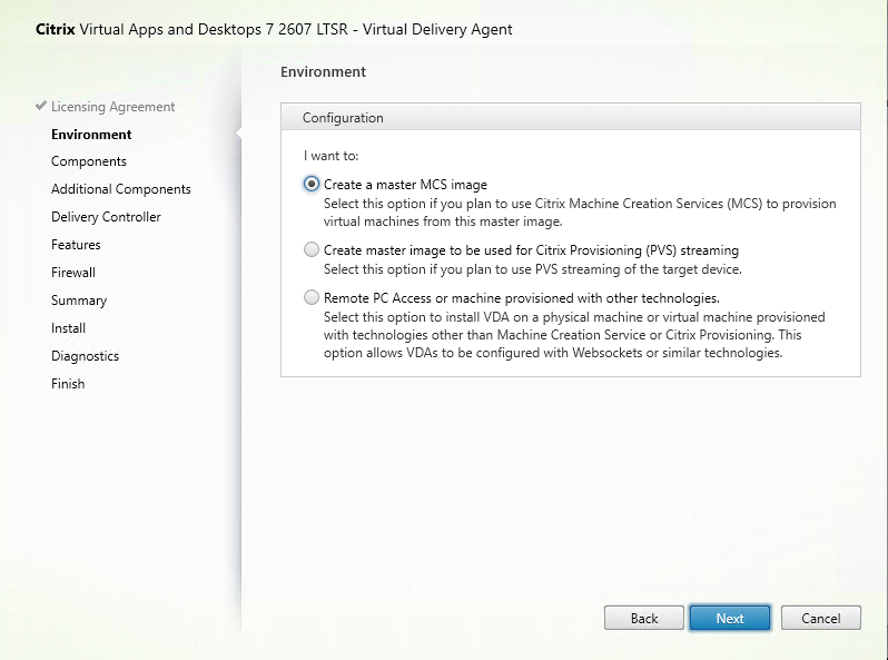 Environment page in VDA installer