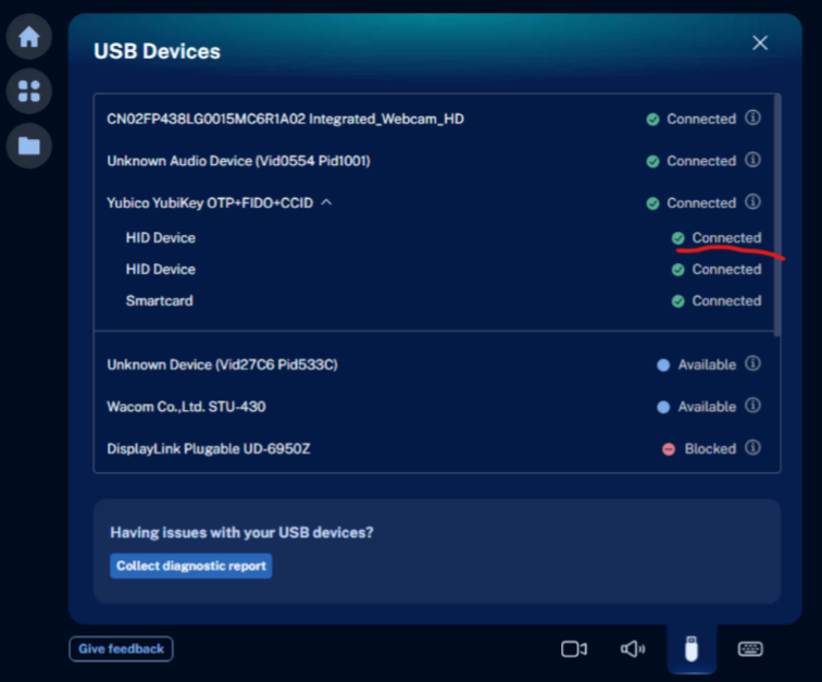 Citrix Assistant app USB page