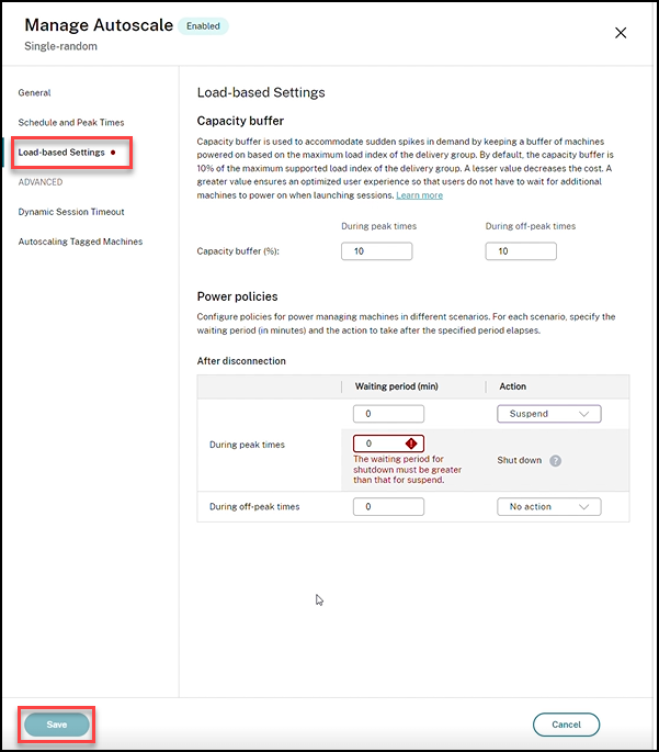 Single session OS random DG power policies settings