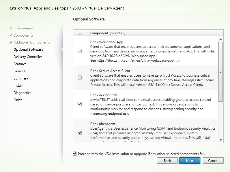 Optional Software page in VDA installer 1