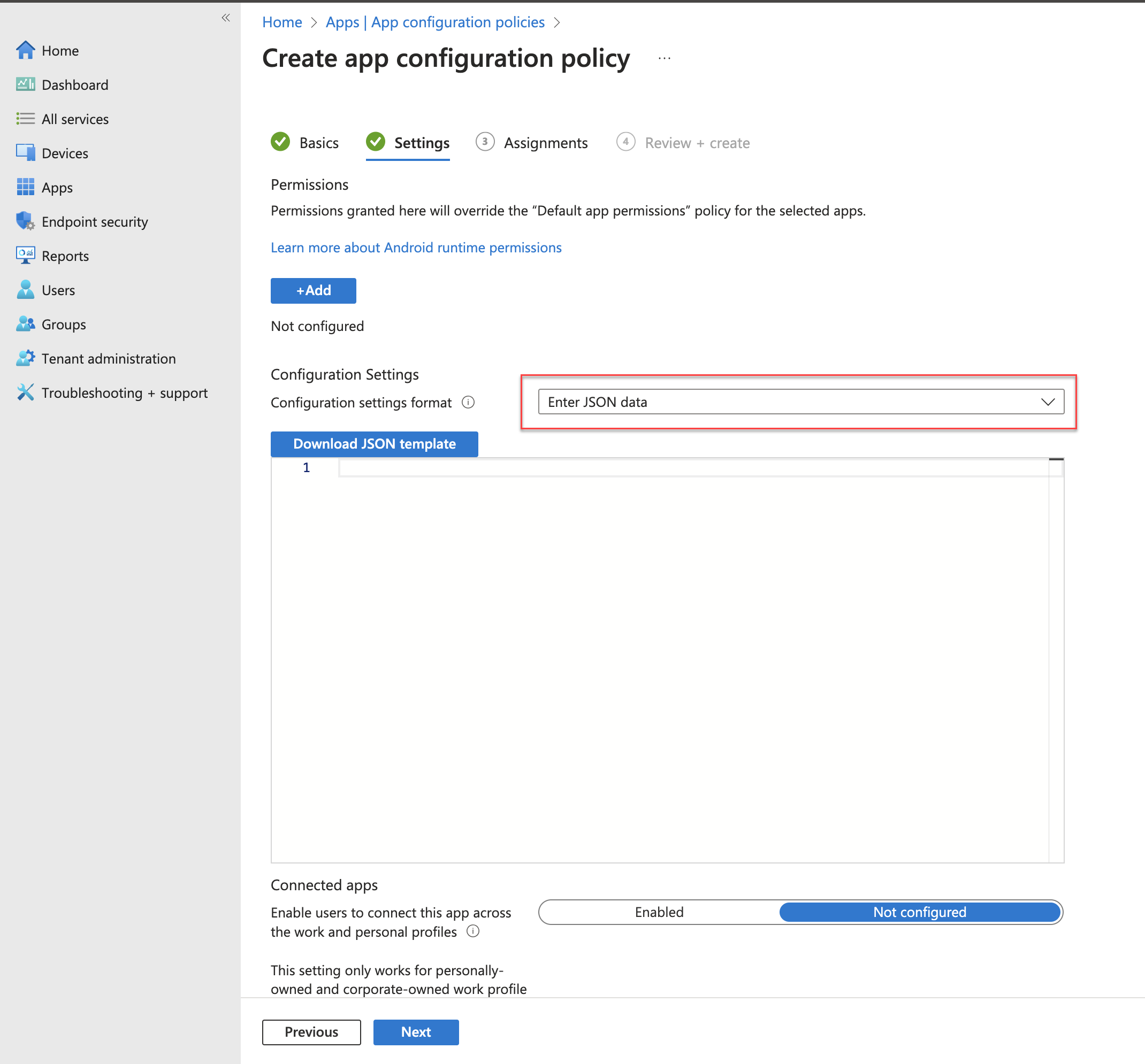 Crear una directiva de configuración de aplicaciones